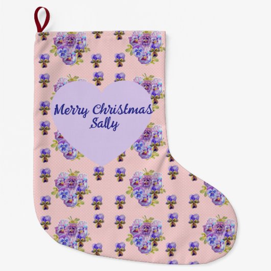 Shabby Chic Floral Polka Dot Christmas Womans Name ラージクリスマスストッキング (正面)
