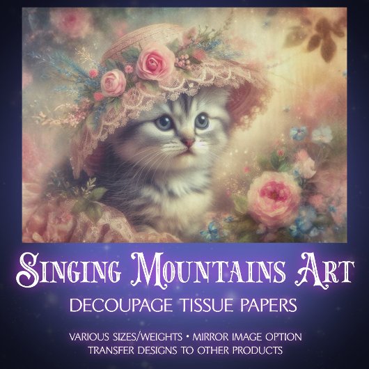 Shabby Chic Flower Garden Kitten Decoupage  薄葉紙