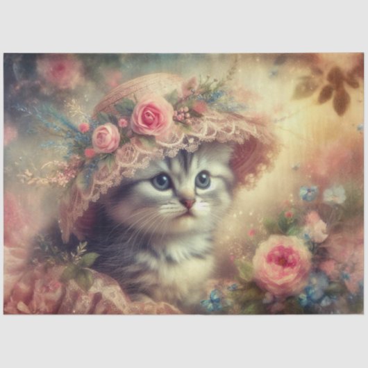 Shabby Chic Flower Garden Kitten Decoupage 薄葉紙 (正面)