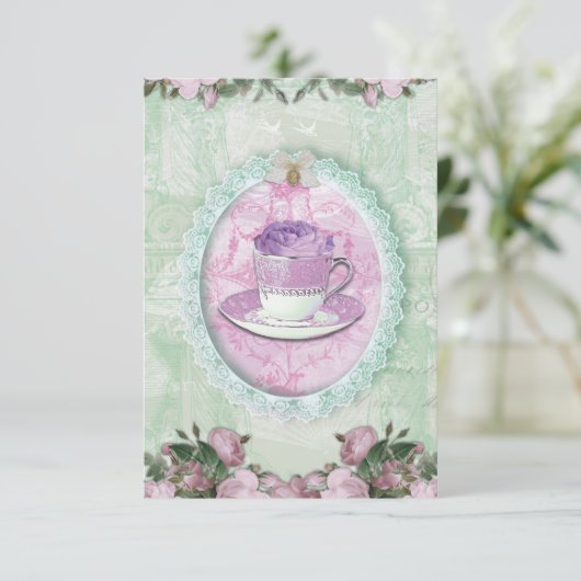 Shabby Chic Green and lilac "Tea Party" 招待状 (スタンド正面)