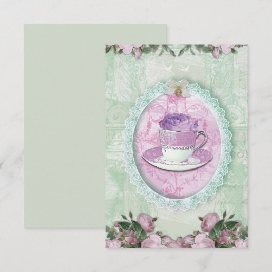 Shabby Chic Green and lilac "Tea Party" 招待状 (正面/裏面)