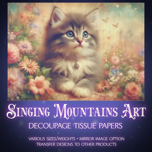 Shabby Chic Kitten Wildflower DIY Craft Decoupage 薄葉紙