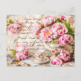 Shabby chic Peonies with Tea Cup and Vintage Touc ポストカード