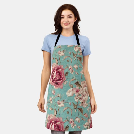 Shabby Chic Pink and White Florals on Teal エプロン (着用した状態)