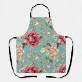 Shabby Chic Pink and White Florals on Teal エプロン (正面)