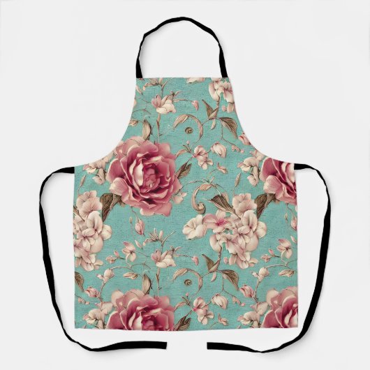 Shabby Chic Pink and White Florals on Teal エプロン (正面)