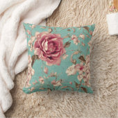 Shabby Chic Pink and White Florals on Teal クッション (ブランケット)