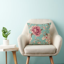 Shabby Chic Pink and White Florals on Teal クッション
