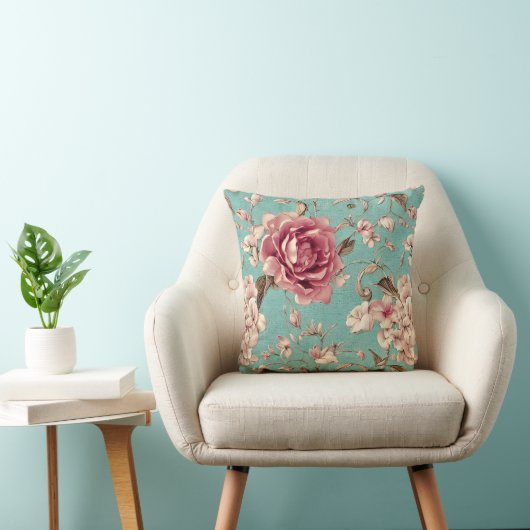 Shabby Chic Pink and White Florals on Teal クッション (椅子)