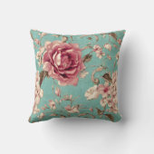 Shabby Chic Pink and White Florals on Teal クッション (裏面)