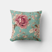 Shabby Chic Pink and White Florals on Teal クッション (正面)