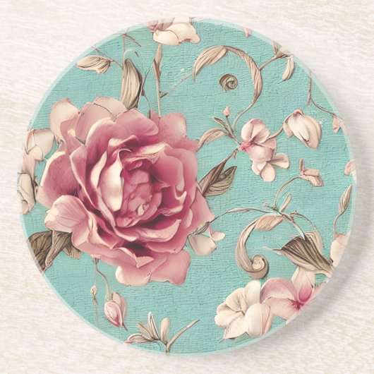 Shabby Chic Pink and White Florals on Teal コースター (正面)