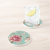 Shabby Chic Pink and White Florals on Teal コースター (側面)