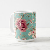 Shabby Chic Pink and White Florals on Teal コーヒーマグカップ (正面左)