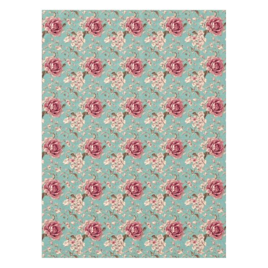 Shabby Chic Pink and White Florals on Teal テーブルクロス (正面)