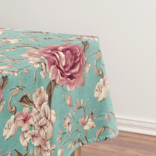 Shabby Chic Pink and White Florals on Teal テーブルクロス (インサイチュ)