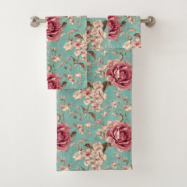 Shabby Chic Pink and White Florals on Teal バスタオルセット