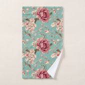 Shabby Chic Pink and White Florals on Teal バスタオルセット (ハンドタオル)
