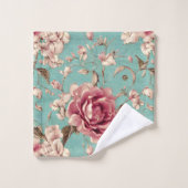 Shabby Chic Pink and White Florals on Teal バスタオルセット (ウォッシュタオル)
