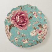 Shabby Chic Pink and White Florals on Teal ラウンドクッション (裏面)
