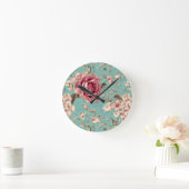 Shabby Chic Pink and White Florals on Teal ラウンド壁時計 (ホーム)