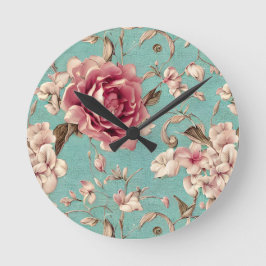 Shabby Chic Pink and White Florals on Teal ラウンド壁時計