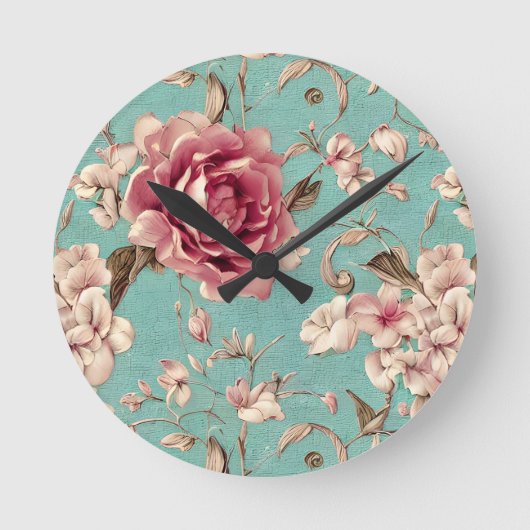 Shabby Chic Pink and White Florals on Teal ラウンド壁時計 (正面)