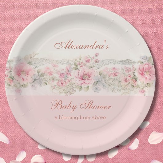 Shabby Chic Pink Floral Christian Baby Shower ペーパープレート