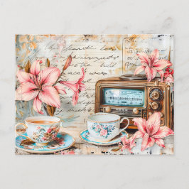 Shabby chic Pink Lily with Antique Radio Receiver ポストカード