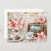 Shabby chic Pink Lily with Antique Radio Receiver ポストカード (正面/裏面)
