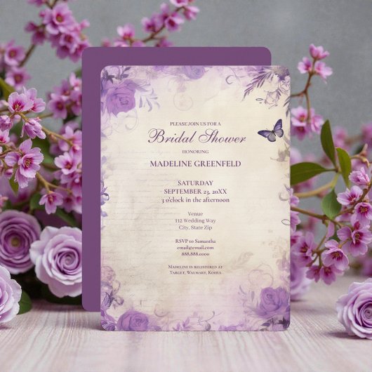 Shabby Chic Purple Lavender Floral Bridal Shower 招待状