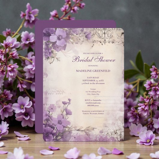 Shabby Chic Purple Lavender Floral Bridal Shower 招待状