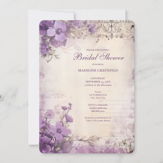 Shabby Chic Purple Lavender Floral Bridal Shower 招待状 (正面)