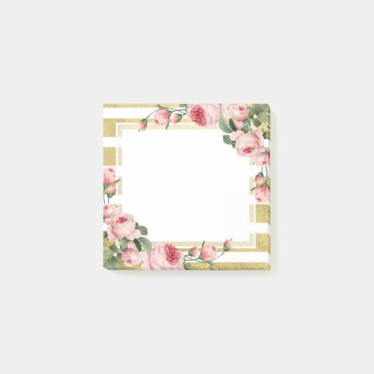 Shabby Chic Vintage Roses & Modern Gold Stripes ポストイット (正面)