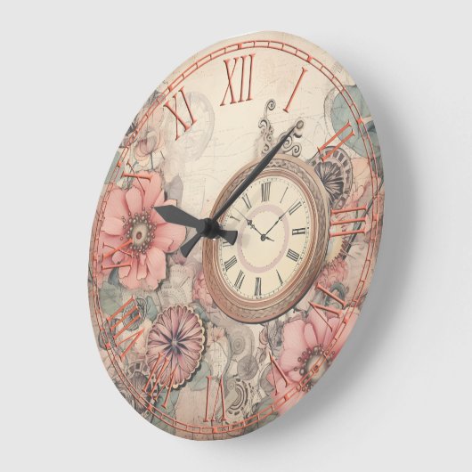 Shabby Steampunk Clocks and Florals Wall Clock ラージ壁時計 (傾斜)