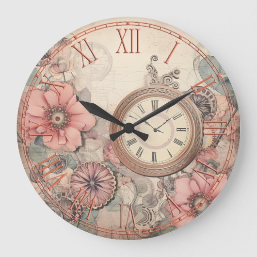 Shabby Steampunk Clocks and Florals Wall Clock ラージ壁時計 (正面)