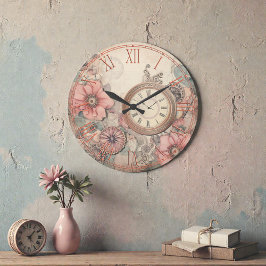 Shabby Steampunk Clocks and Florals Wall Clock ラージ壁時計