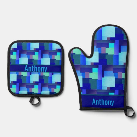 Shades Of Blue – 名前オーブンミット&ポットホール 鍋つかみ&鍋敷きセット (正面)