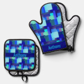 Shades Of Blue – 名前オーブンミット&ポットホール 鍋つかみ&鍋敷きセット (正面/裏面)
