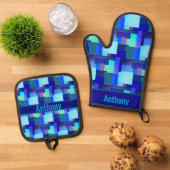 Shades Of Blue – 名前オーブンミット&ポットホール 鍋つかみ&鍋敷きセット (トップダウン)