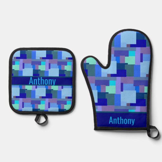 Shades Of Blue – 名前オーブンミット&ポットホール 鍋つかみ&鍋敷きセット (正面)