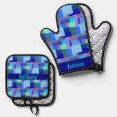 Shades Of Blue – 名前オーブンミット&ポットホール 鍋つかみ&鍋敷きセット (正面/裏面)