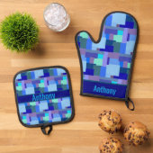 Shades Of Blue – 名前オーブンミット&ポットホール 鍋つかみ&鍋敷きセット (トップダウン)