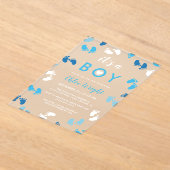 Shades of Blue It's A Boyベビー足跡 アクリル招待状 (レイダウン)