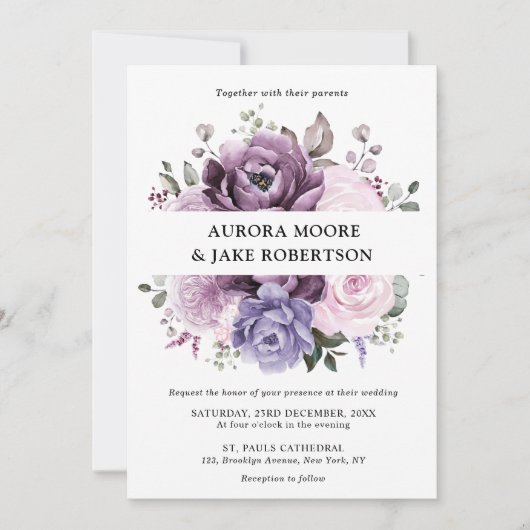Shades of Dusty Purple開花ムーディフローラ結婚ズ 招待状 (正面)