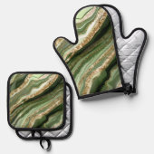 SHADES OF GREEN & AGATE LOOK抽象的 鍋つかみ&鍋敷きセット (正面/裏面)
