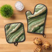 SHADES OF GREEN & AGATE LOOK抽象的 鍋つかみ&鍋敷きセット (トップダウン)