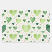 Shades of Green Watercolor Hearts and Gold Glitter ラッピングペーパーシート (正面2)