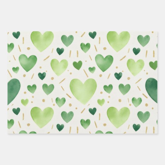 Shades of Green Watercolor Hearts and Gold Glitter ラッピングペーパーシート (正面)