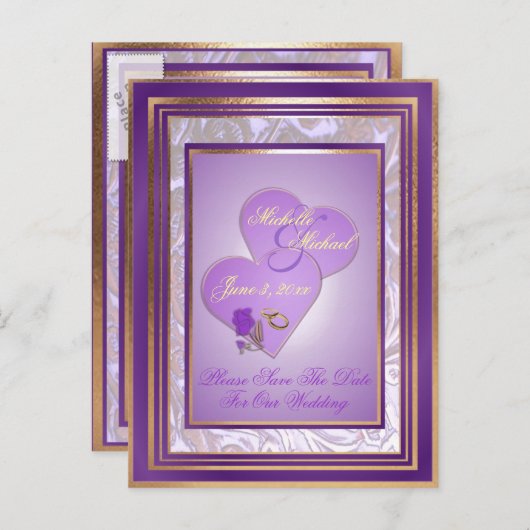 Shades of Lavender Purple金ゴールド結婚の日救付 案内ポストカード (正面/裏面)